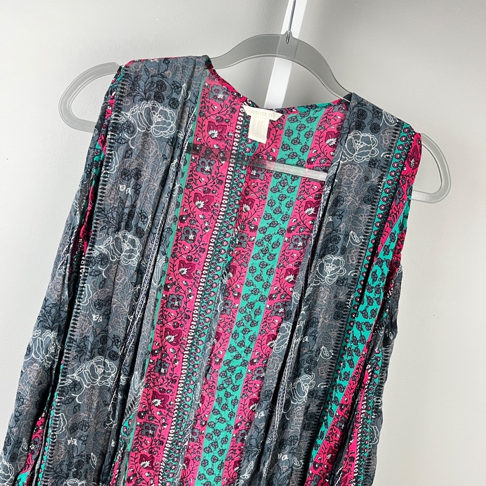 Forever 21 Fringed Festival Cardigan Topper Womens S/M Floral Stripe Boho Vest